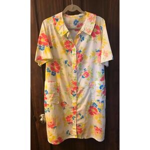 Vintage Pink Blue Yellow Floral Cheery House Dress Robe Wrap Sz M / L Tub8